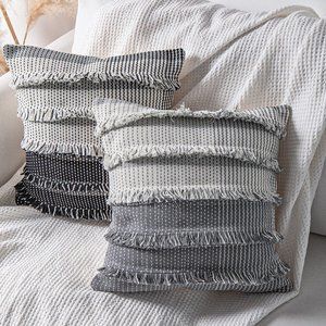Set of 2 18" Two-Tone Fringe Design Cotton Throw Pillow Covers
